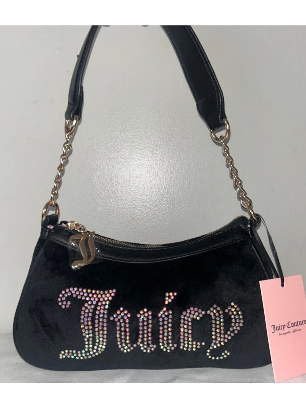 NEW! JUICY COUTURE Obsession Bling Logo Velour Shoulder Bag in Black
